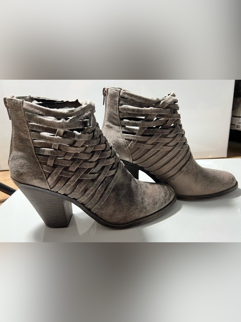Fergalucious suede Woven Strappy Ankle Boots in Grey